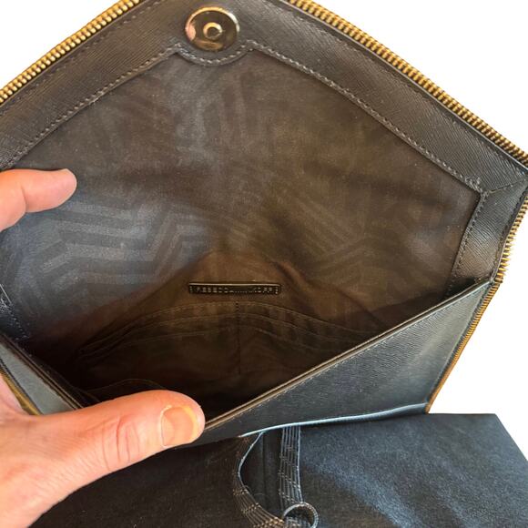 Rebecca Minkoff Leo Envelope Zip Clutch Bag Black Safiano Faux Leather Gold Trim - Picture 3 of 13